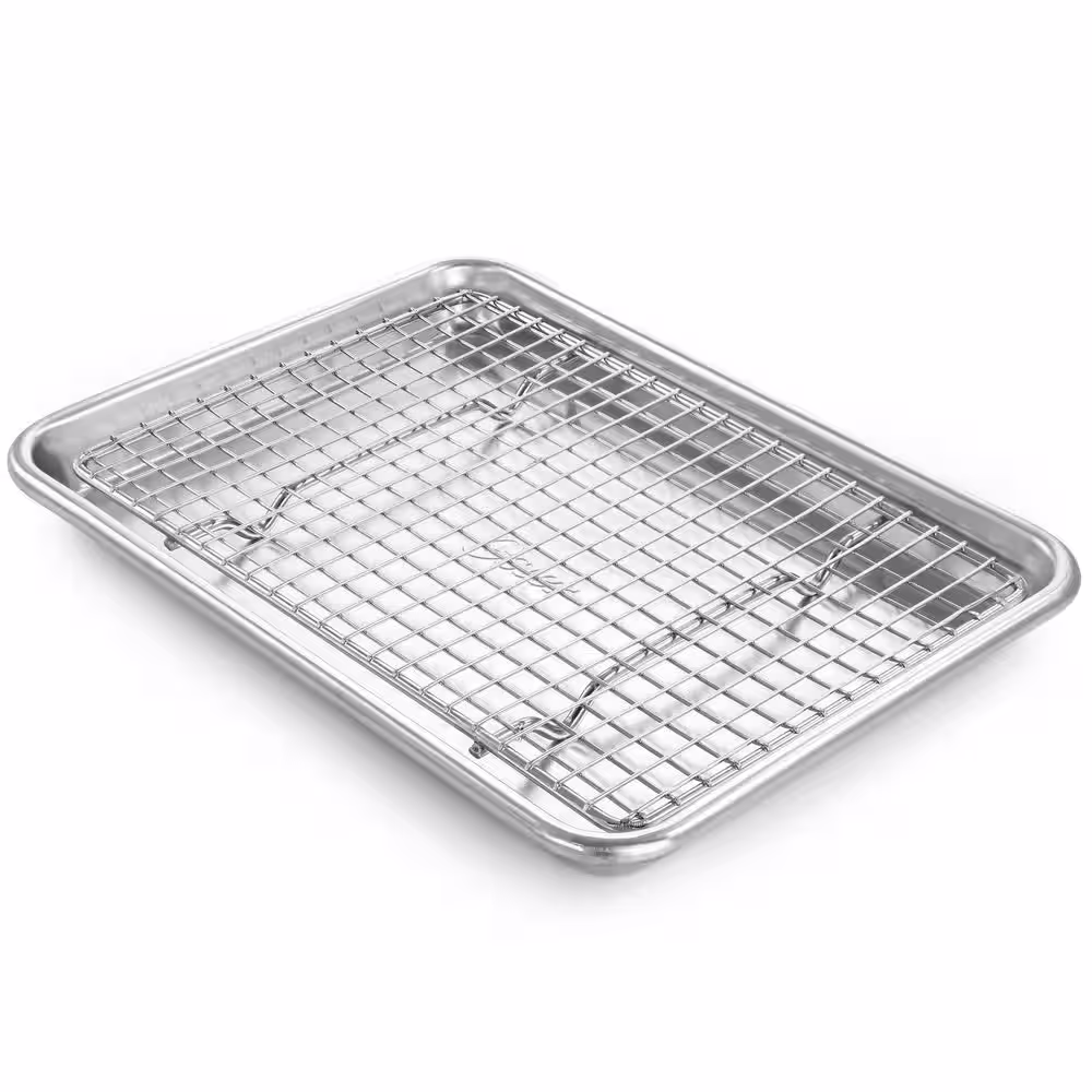 Oster Baker's Glee 13 in. x 9.6 in. Stainless Steel Cookie Sheet and 12 in. Cooling Rack Bakeware Set in Silver
