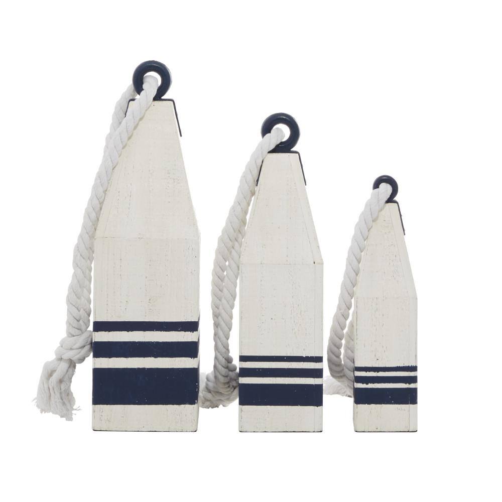 Litton Lane White Wood Handmade Buoy Sculpture with Rope Accents (Set of 3)