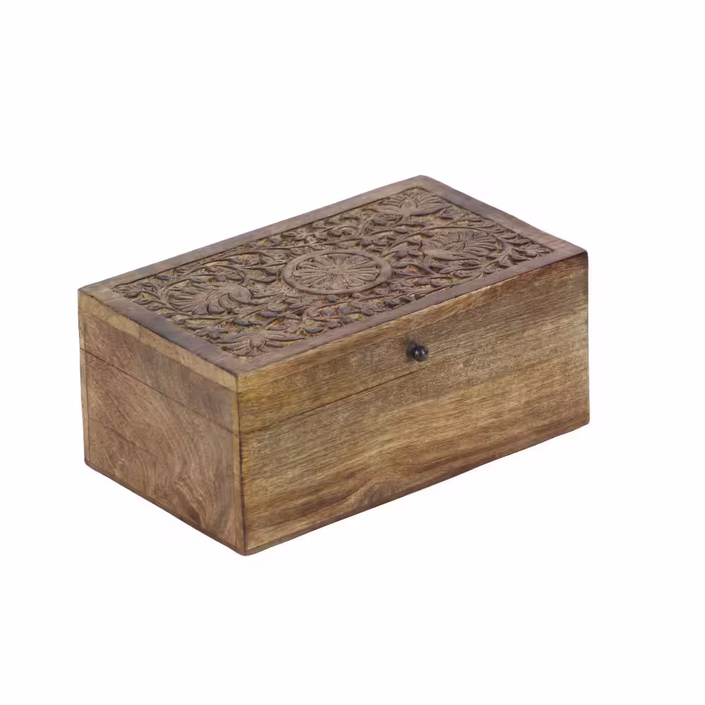 None Rectangle Mango Wood Handmade Floral Box with Hinged Lid (Set of 3)