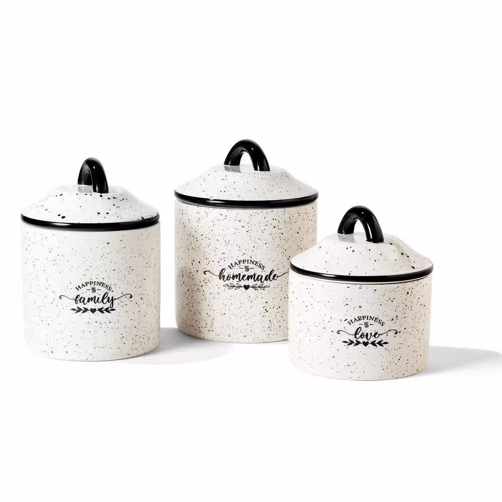 American Atelier 3-Piece Home Made Happiness Ceramic Canister Set with Ceramic Top Lids, White