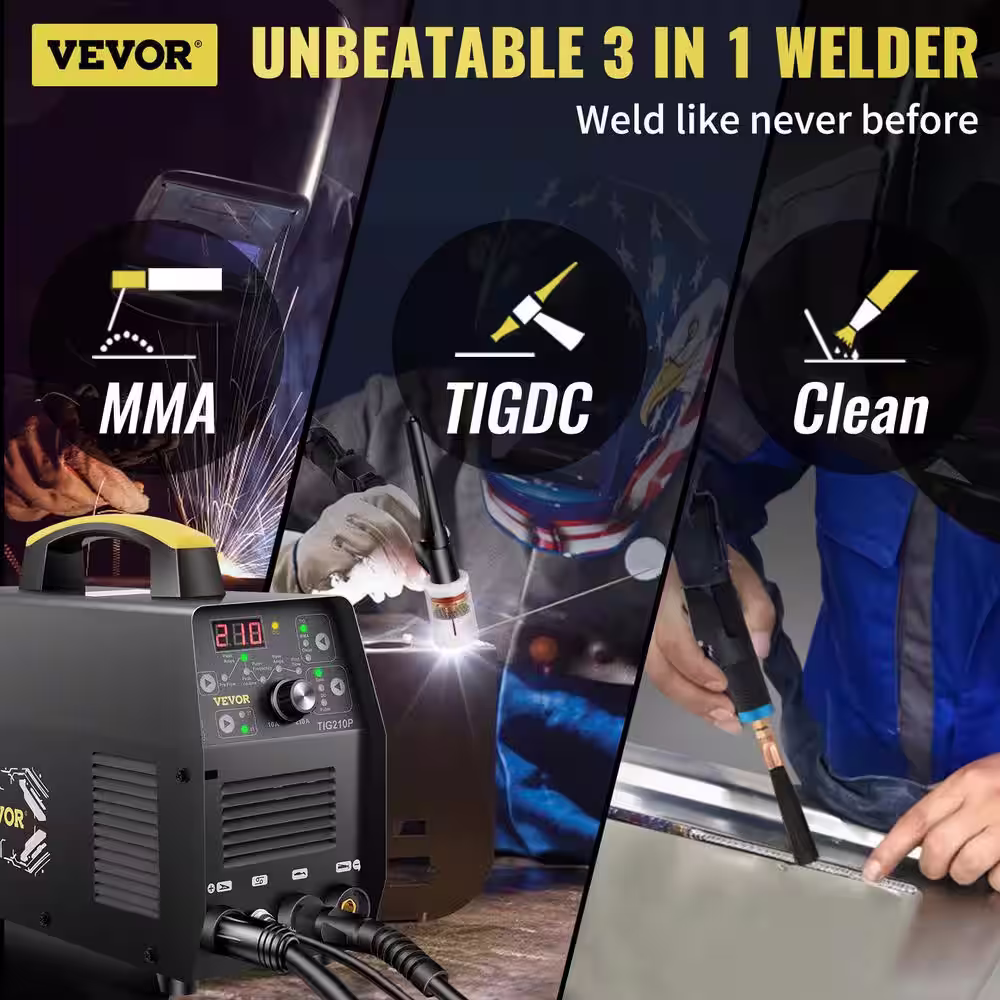 VEVOR 3-in-1 HF TIG ARC Clean Welder 210 Amp Welding Machine with Pulse and Torch