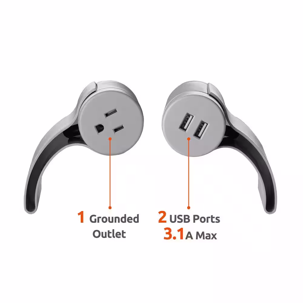 Link2Home 1-Outlet and 2-USB Ports 3.4 Amp Sofa Socket with 10 ft. Cord and Grounded Flat Plug in Light Grey