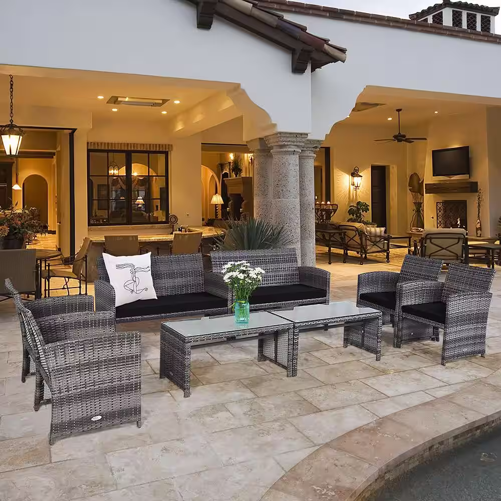 Costway 8-Piece Wicker Patio Conversation Set with Black Cushions and Glass Table