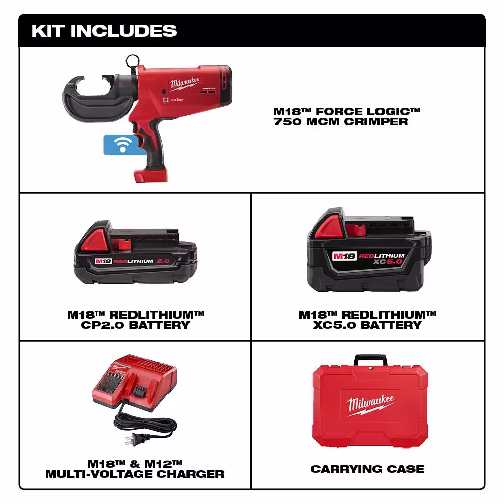 Milwaukee M18 18V Lithium-Ion Cordless FORCE LOGIC 750 MCM Crimper W/(2) Batteries, Charger, Hard Case