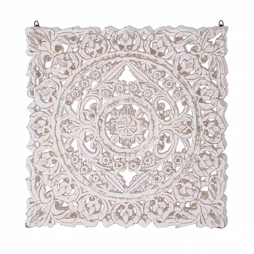 Litton Lane Handmade Square Floral Intricately Carved White Wall Decor with Mandala Design