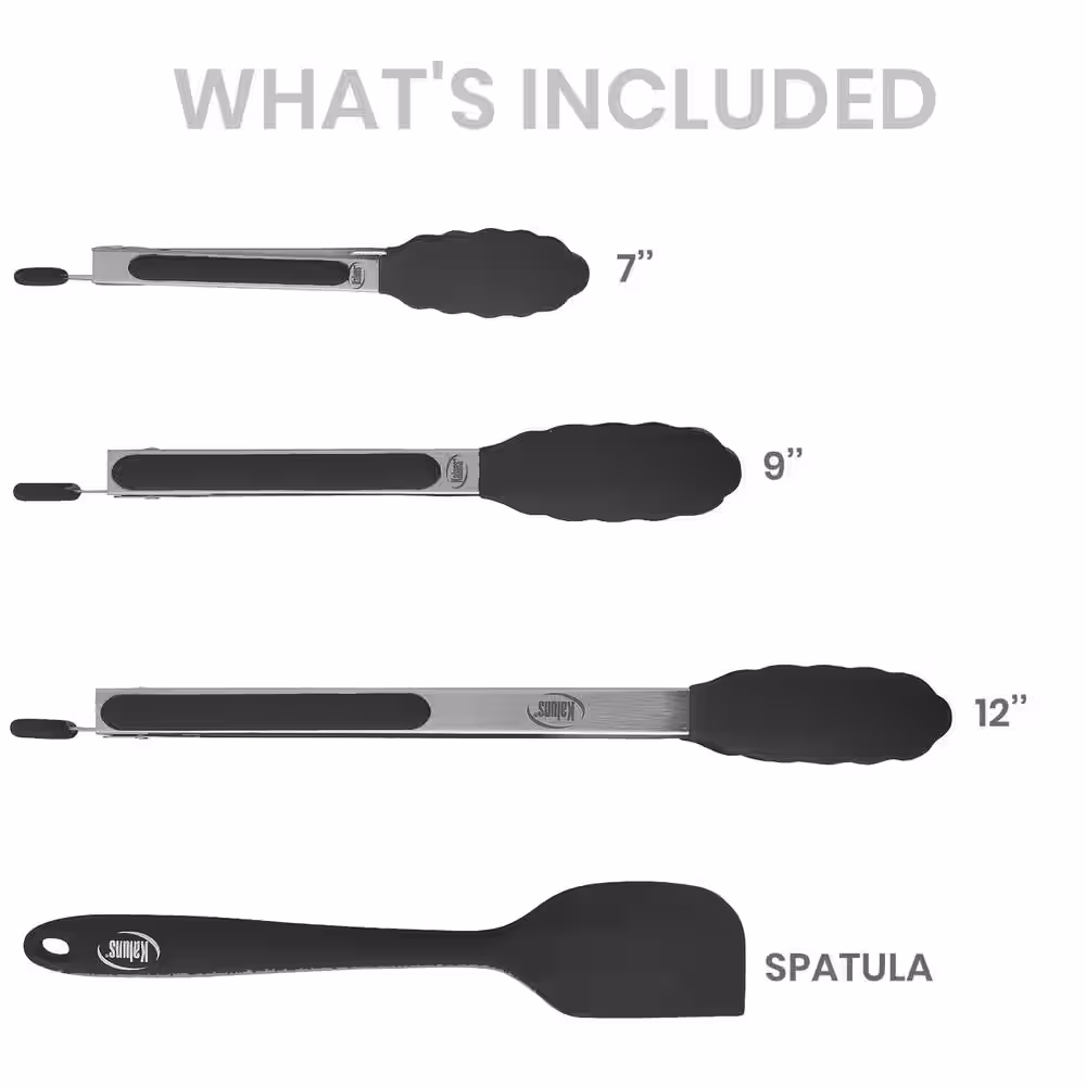Kaluns Non-Stick Silicone Tip Black Stainless-Steel Tongs and Spatula (Set of 4)