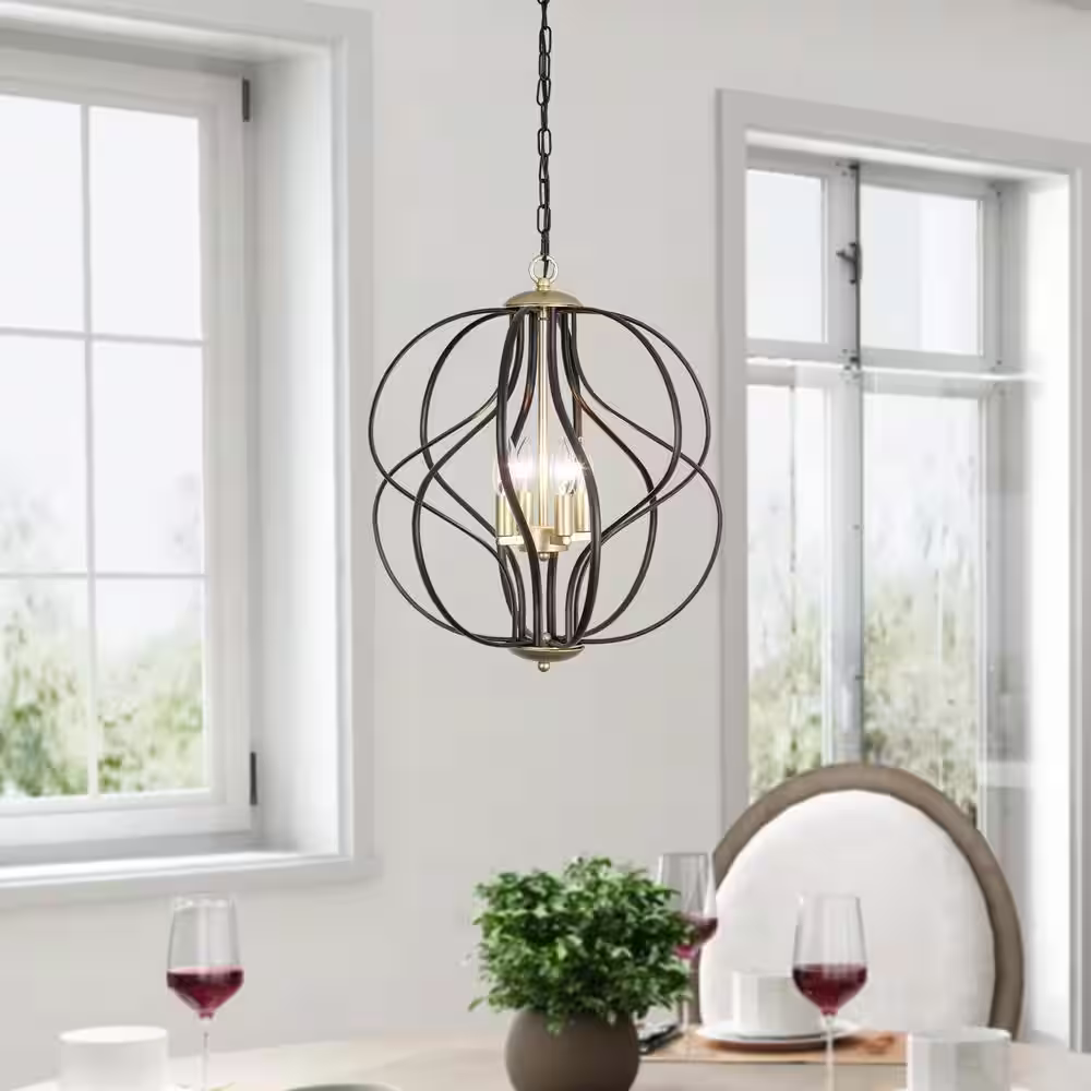 None Frankfort 4-Light Black/Gold Unique Geometric Cage Chandelier Wrought Iron Accents