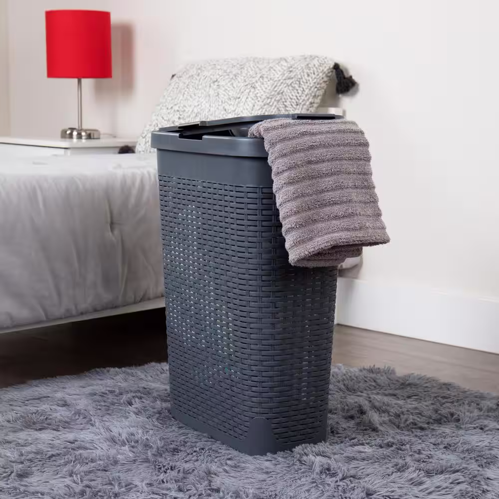 Mind Reader Basket Collection, Slim Laundry Hamper, 40 Liter (15kg/33lbs) Capacity, Cut Out Handles, Attached Hinged Lid, Gray