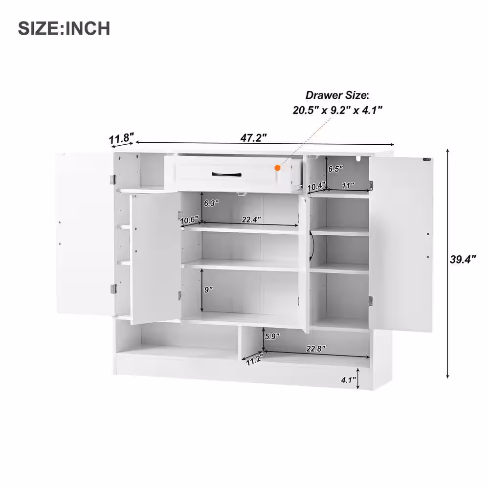 Harper & Bright Designs 39.4 in. H x 47.2 in. W White Wood Shoe Storage Cabinet with Adjustable Shelves and Storage Drawer