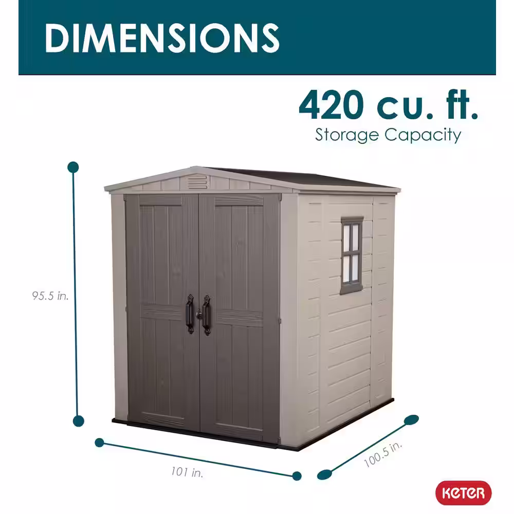 Keter Factor 8 ft. W x 8 ft. D Large Outdoor Durable Resin Plastic Storage Shed with Double Doors, Taupe Brown (70.49 sq. ft.)