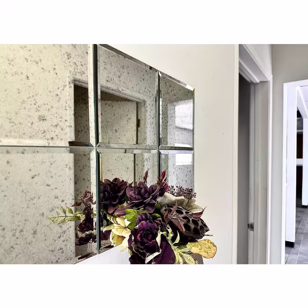 ABOLOS Reflections Antique Silver Beveled Square 8 in. x 8 in. Glass Mirror Peel and Stick Tile (16 sq. ft./Case)