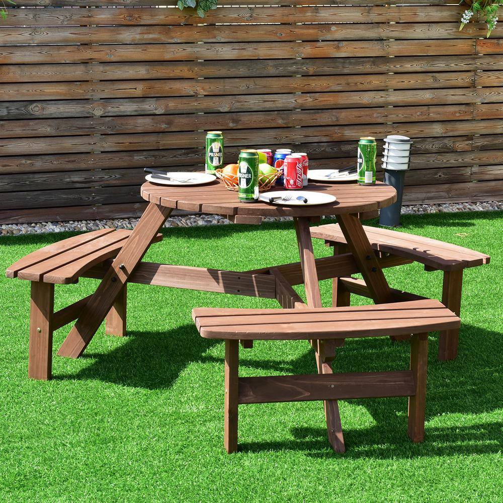 ANGELES HOME 66.9 in. Round Wood Outdoor Picnic Table Bench Set with Umbrella Hole
