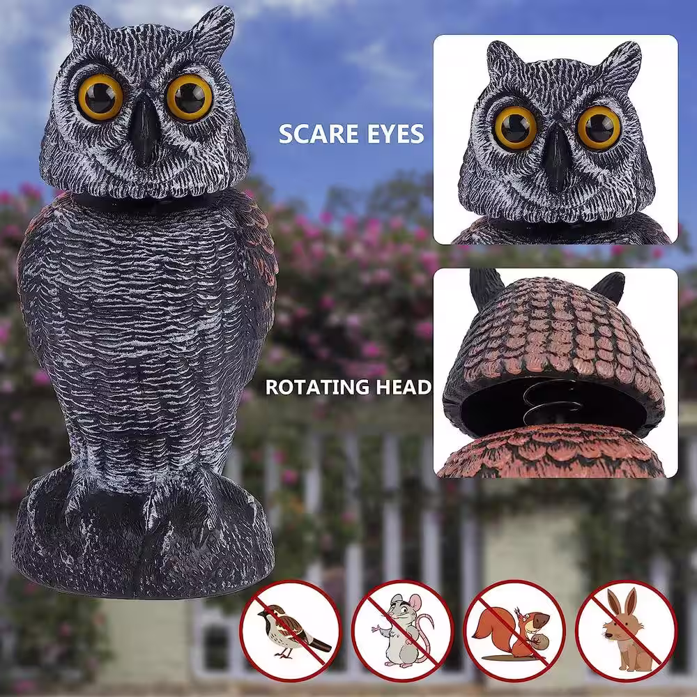 None 2-Pack Bird Scarecro-WattFake Owl Decoy Sculpture, Rotating Head Plastic Owl Bird Deterrents