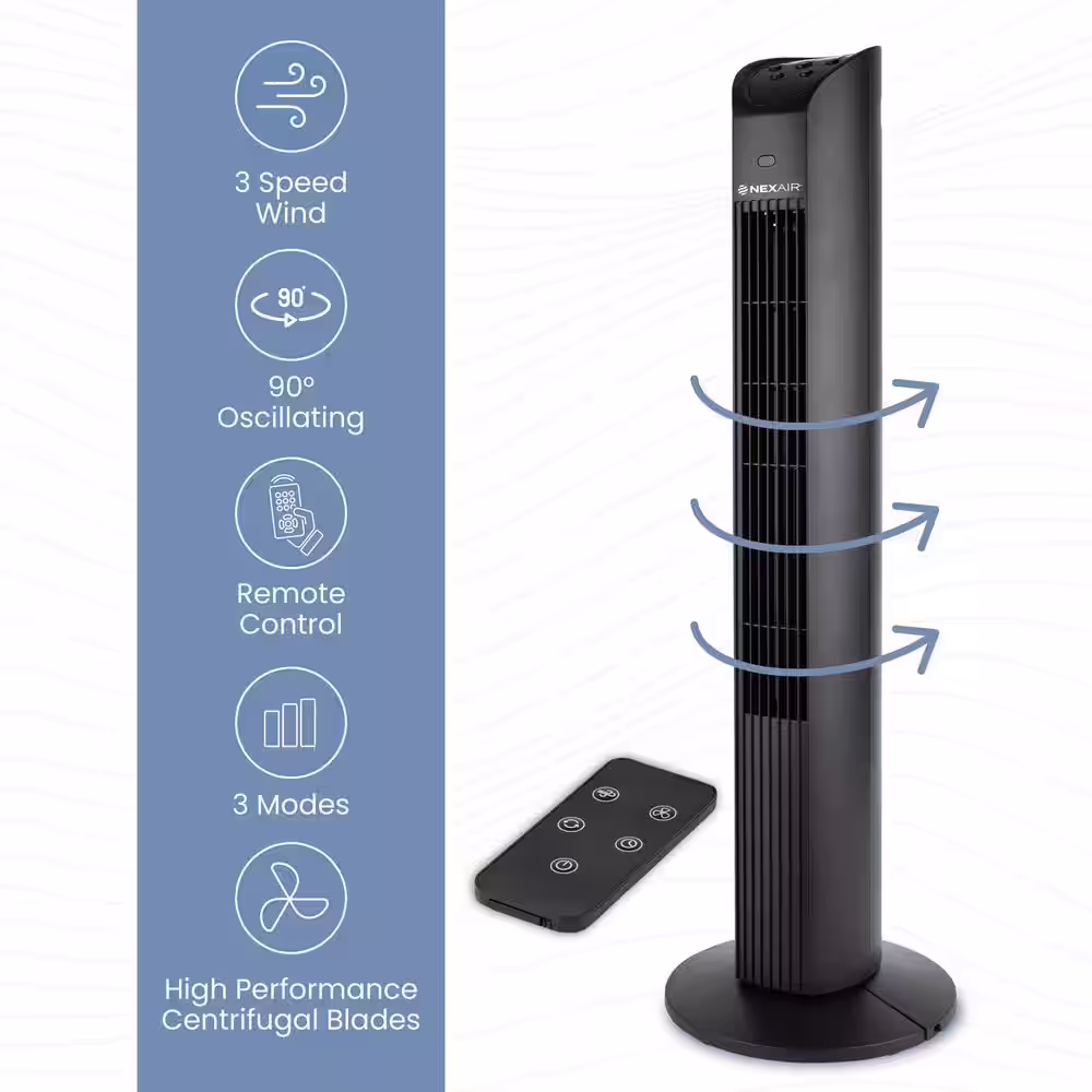 The Plumber's Choice 5 in. 3 Speed Desk Fan 36 in. Black Oscillating Tower Fan Portable, Remote Control, Quiet, 8 Hr Auto Off