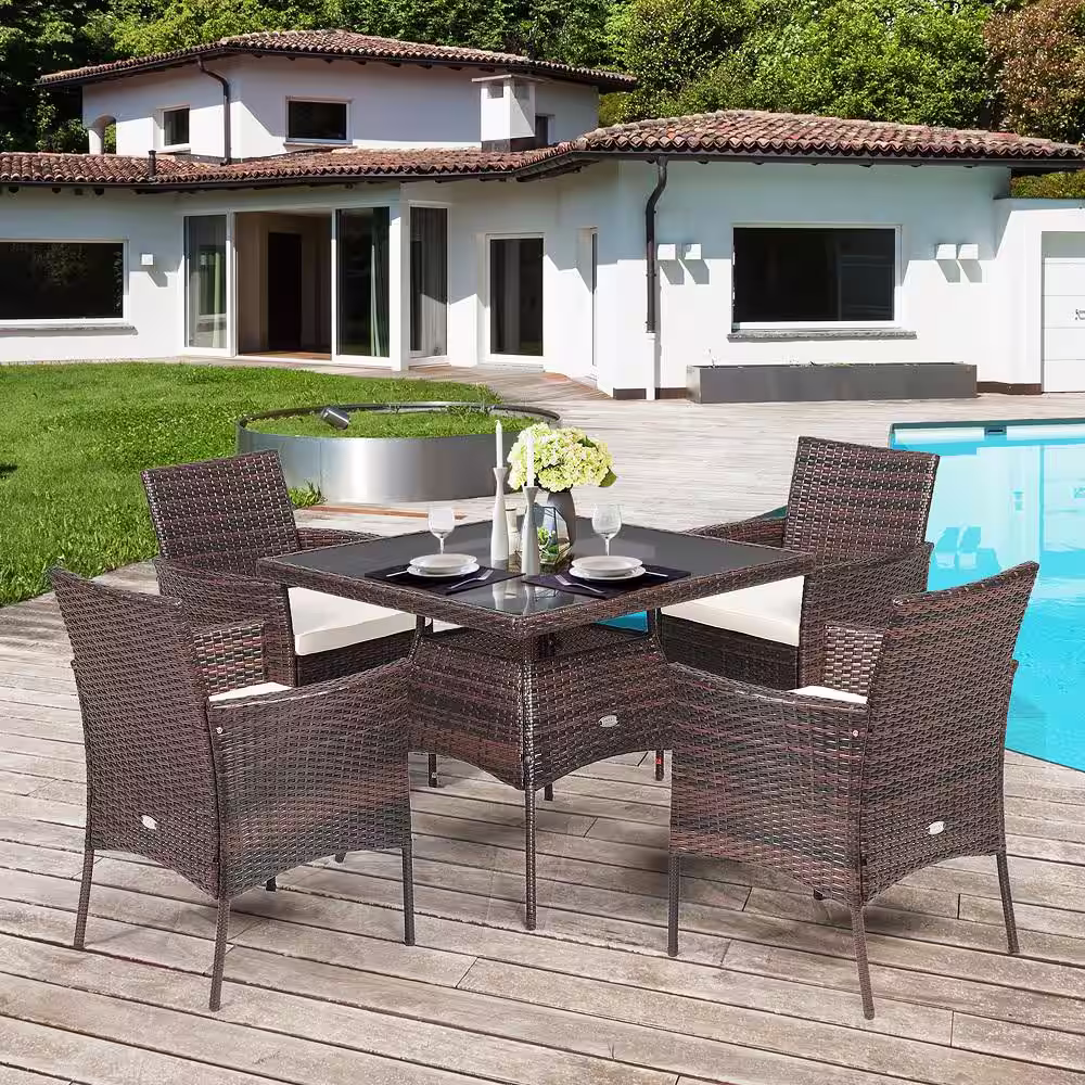 Gymax 5-Piece Wicker Patio Outdoor Dining Table Set Outdoor Furniture Set with 4-Seat White Cushions