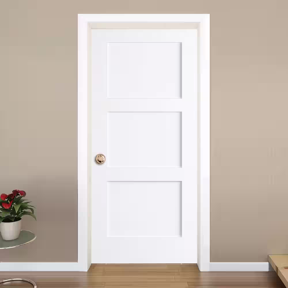 Kimberly Bay 30 in. x 80 in. White 3-Panel Shaker Solid Core Pine Interior Door Slab