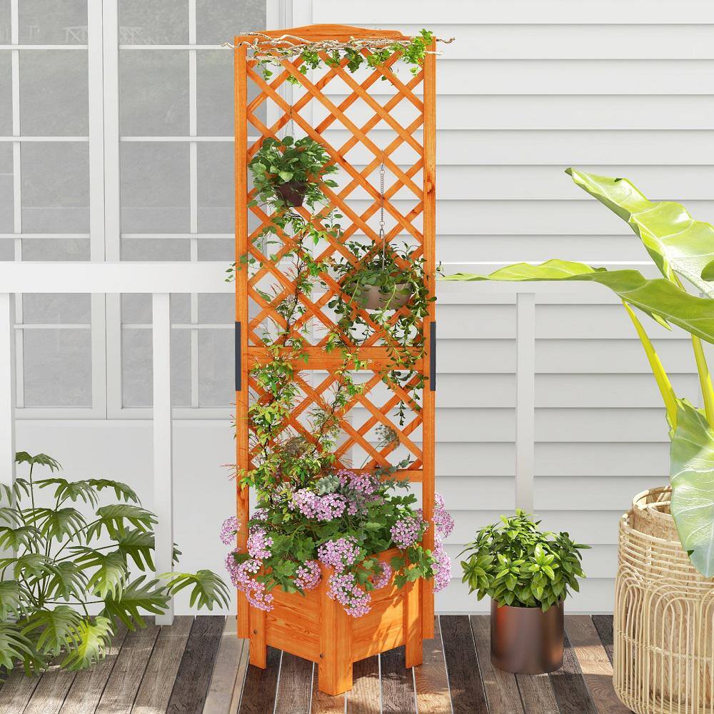 HONEY JOY Raised Garden Bed with Trellis Wooden Planter Box with Trellis & Drainage Hole 71'' Height Freestanding Garden Planter