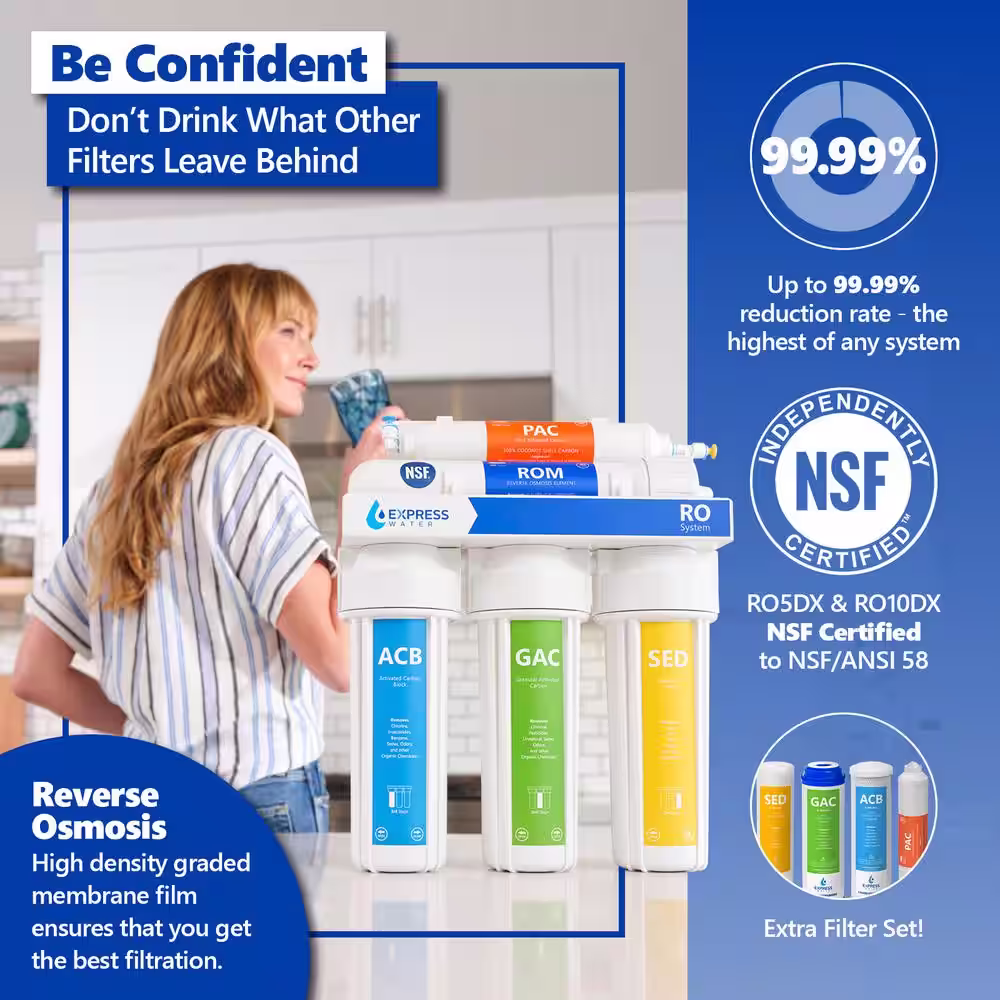 Express Water Reverse Osmosis Water Filtration System 5 Stage RO Filter with Faucet and Tank 4 Free Replacement Filters 50 GPD