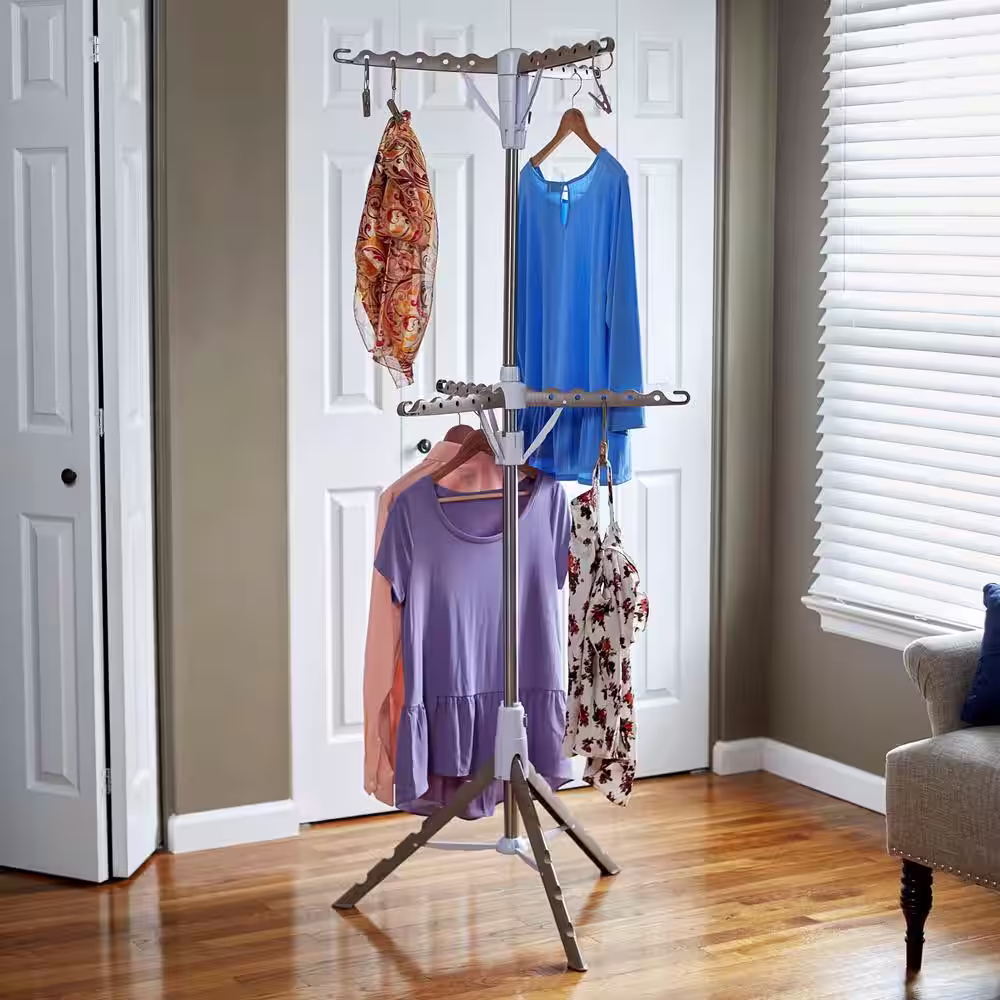 None 26 in. x 77.5 in. White Metal 2-Tier Tripod Garment Rack with Hanging Clothespins