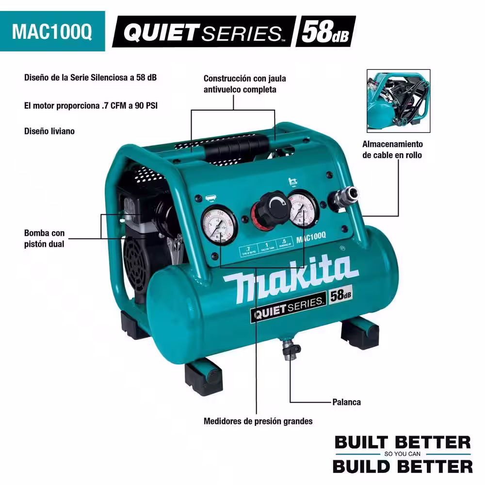 Makita Quiet Series 1/2 HP, 1 Gal. Compact, Oil-Free, Electric Air Compressor, and 18-Gauge Brad Nailer Combo Kit