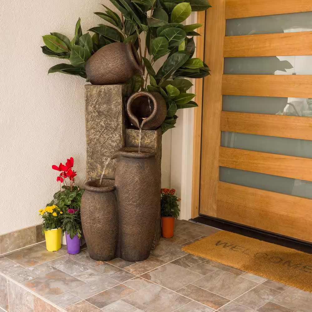 Alpine Corporation 43 in. Tall Indoor/Outdoor Pottery Fountain with Replaceable LED Lights