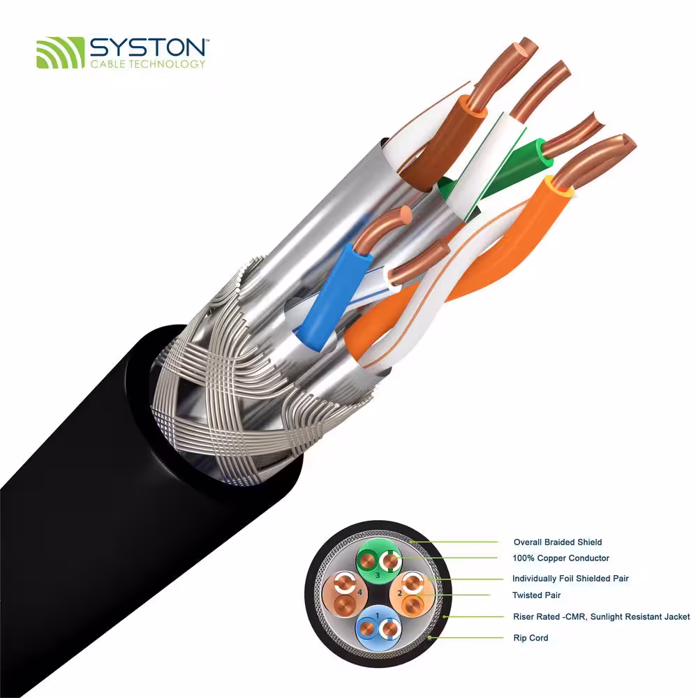 Syston Cable Technology 1000 ft. Black 22 AWG Solid Copper Cat8 S/FTP Plus CMR Riser Bulk Data Cable (4-Pair)