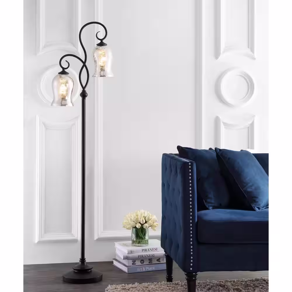 SAFAVIEH Claudia 63.5 in. Black Floor Lamp with Silver/Ivory Lantern Glass Shade