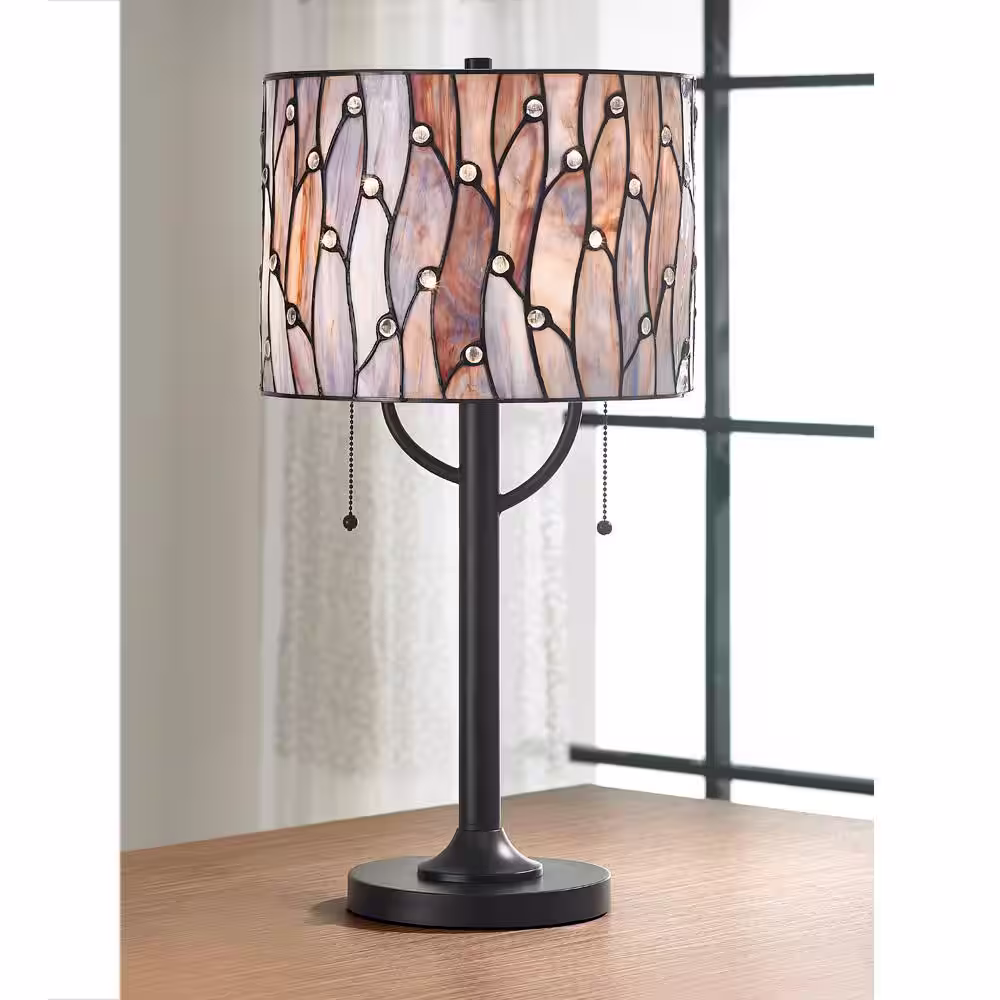 HomeGlam Vin.es 25 in. ORB Finish Tiffany Table Lamp with Blue/Purple Shade