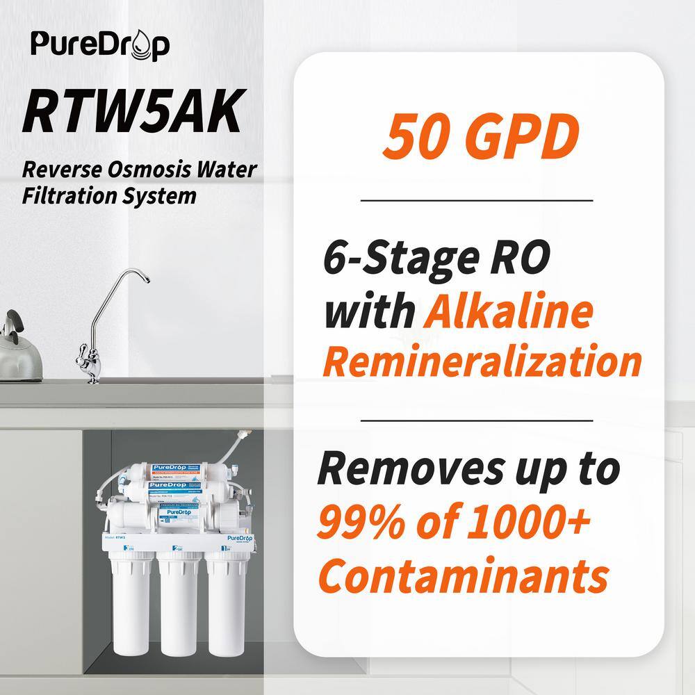 PureDrop RTW5AK Reverse Osmosis Alkaline Water Filtration System, 6 Stage pH+ Alkaline Remineralization Under Sink, with Faucet