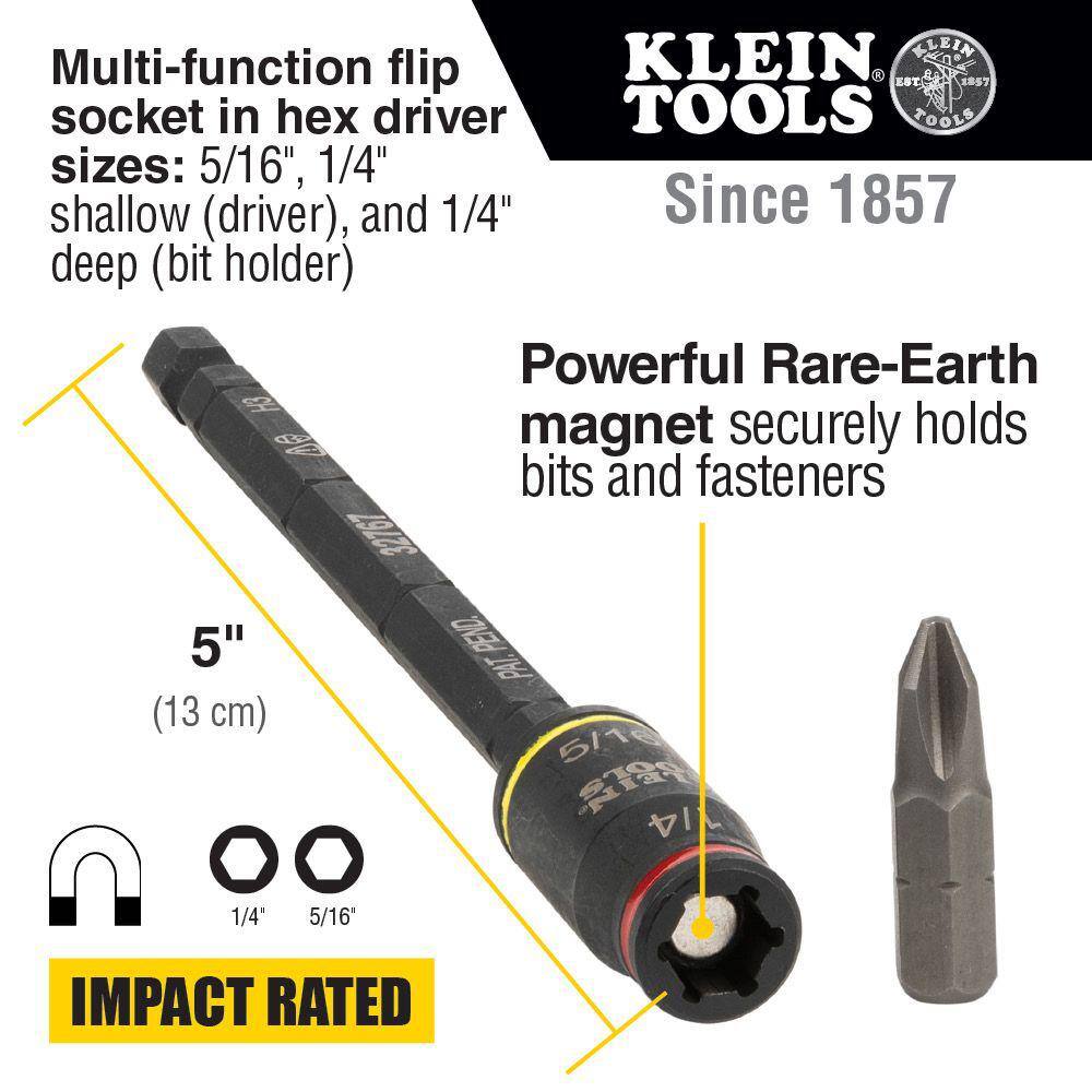 Klein Tools 3-in-1 Impact Flip Socket, 1/4 in., 5/16 in., 5 in. L