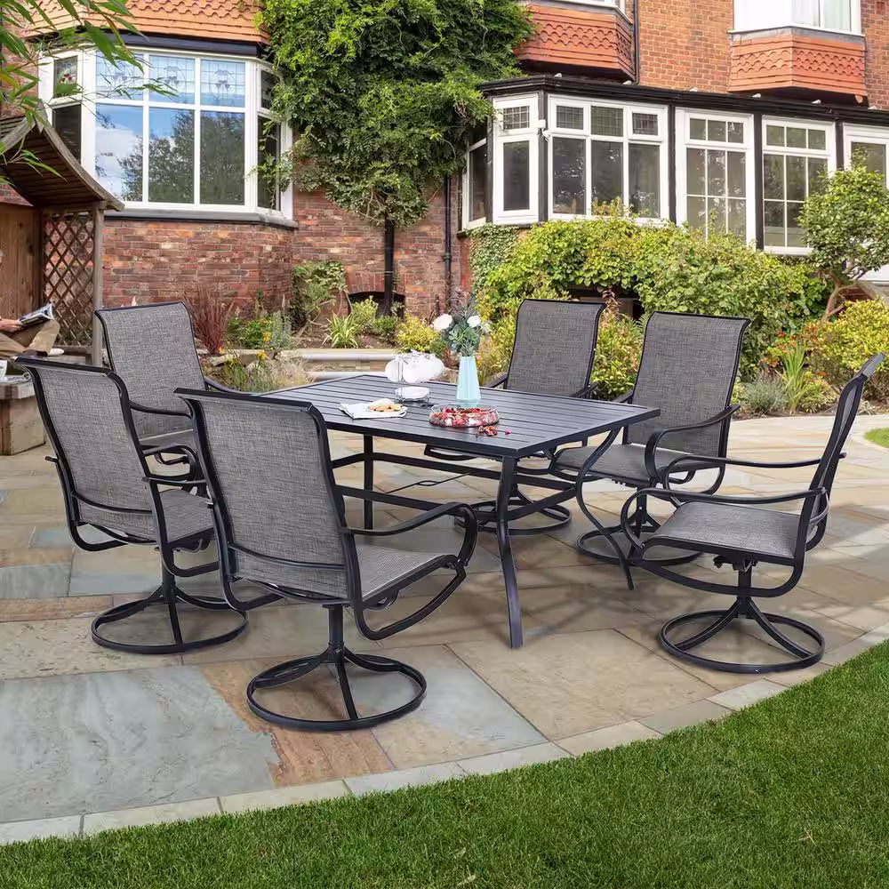 None Black 7-Piece Metal Rectangle Patio Outdoor Dining Set with Slat Table and Textilene Swivel Chairs