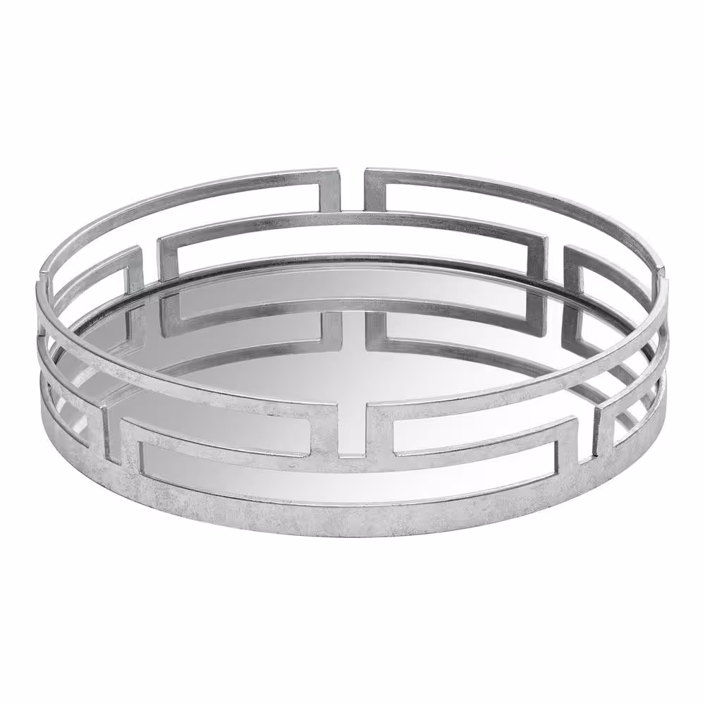 Home Decorators Collection Modern Round Silver Geometric Mirrored Tray (15