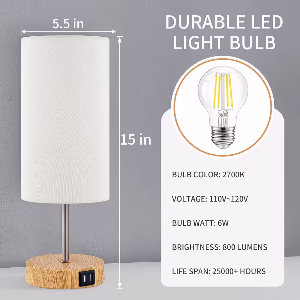 Cinkeda Beguna 15 in. White Touch Control Mental Table Lamps with 2 USB Ports