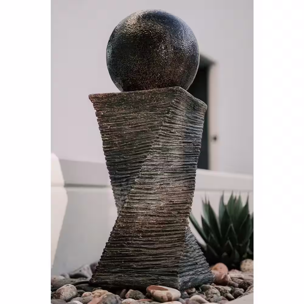 XBRAND 30 in. Tall Modern Curved Swirl Sphere Indoor Outdoor Decor Water Fountain in Black