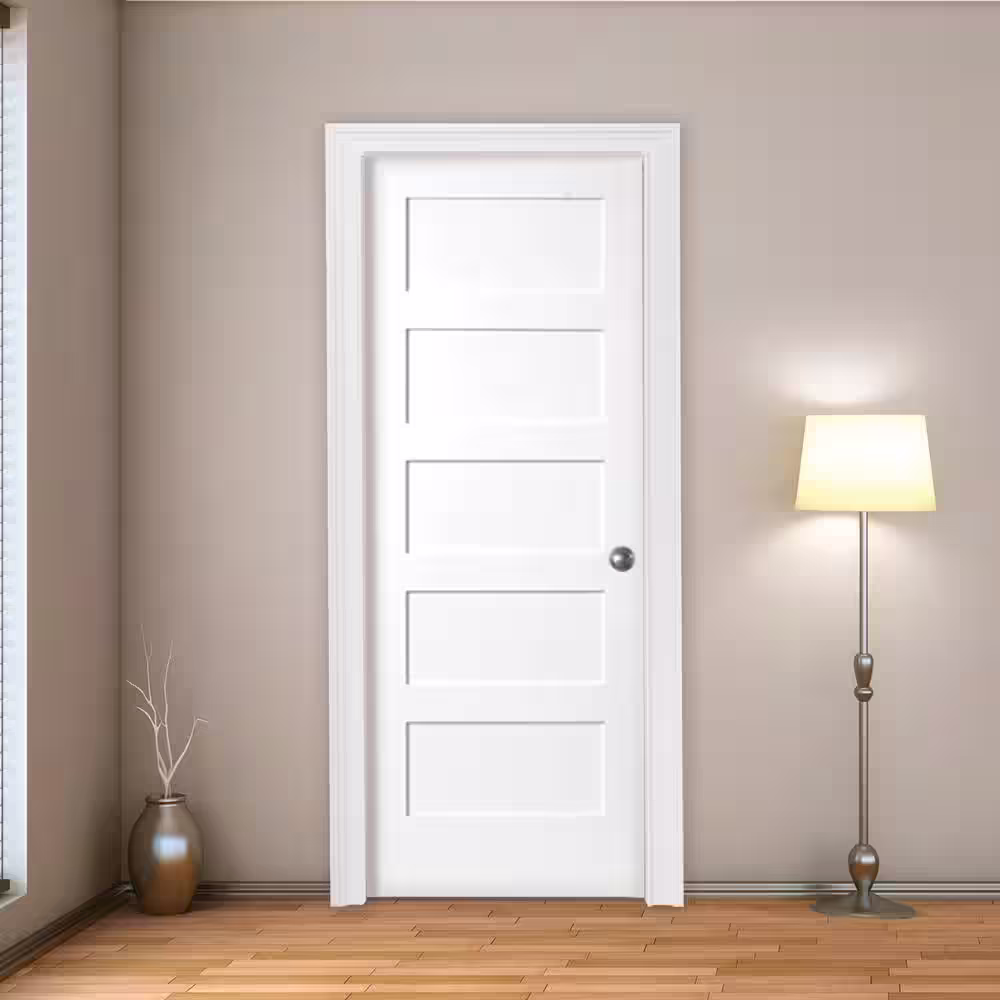 Steves & Sons 32 in. x 80 in. 5-Panel White Primed Shaker Solid Core Wood Interior Door Slab with Bore