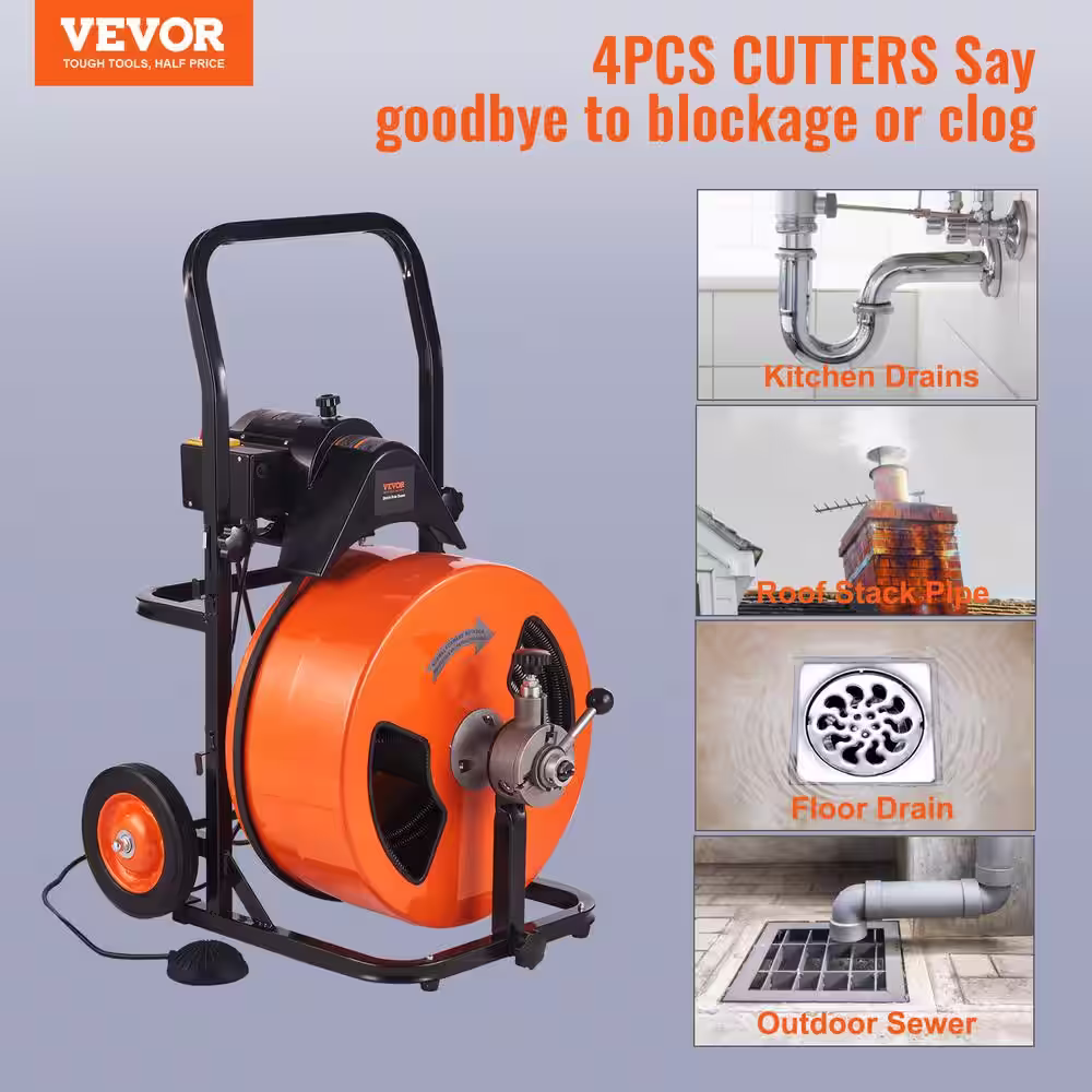 VEVOR Electric Drain Auger 50 ft. x 1/2 in. Drain Cleaner Machine 1800RPM Auto Feed with 4 Cutters for 1 in. to 4 in. Pipes