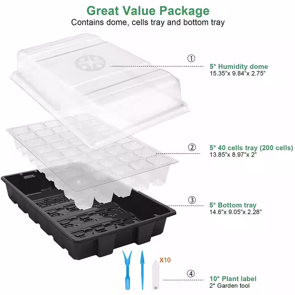 None 15.35 in. x 9.84 in. x 5.03 in. 200 Black Seed Starter Plant Grow Kit Greenhouse with Humidity Dome and Base (Pack of 5)