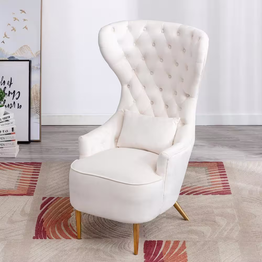 KINWELL Cream Upholstered Tufted Velvet High Wingback Chair