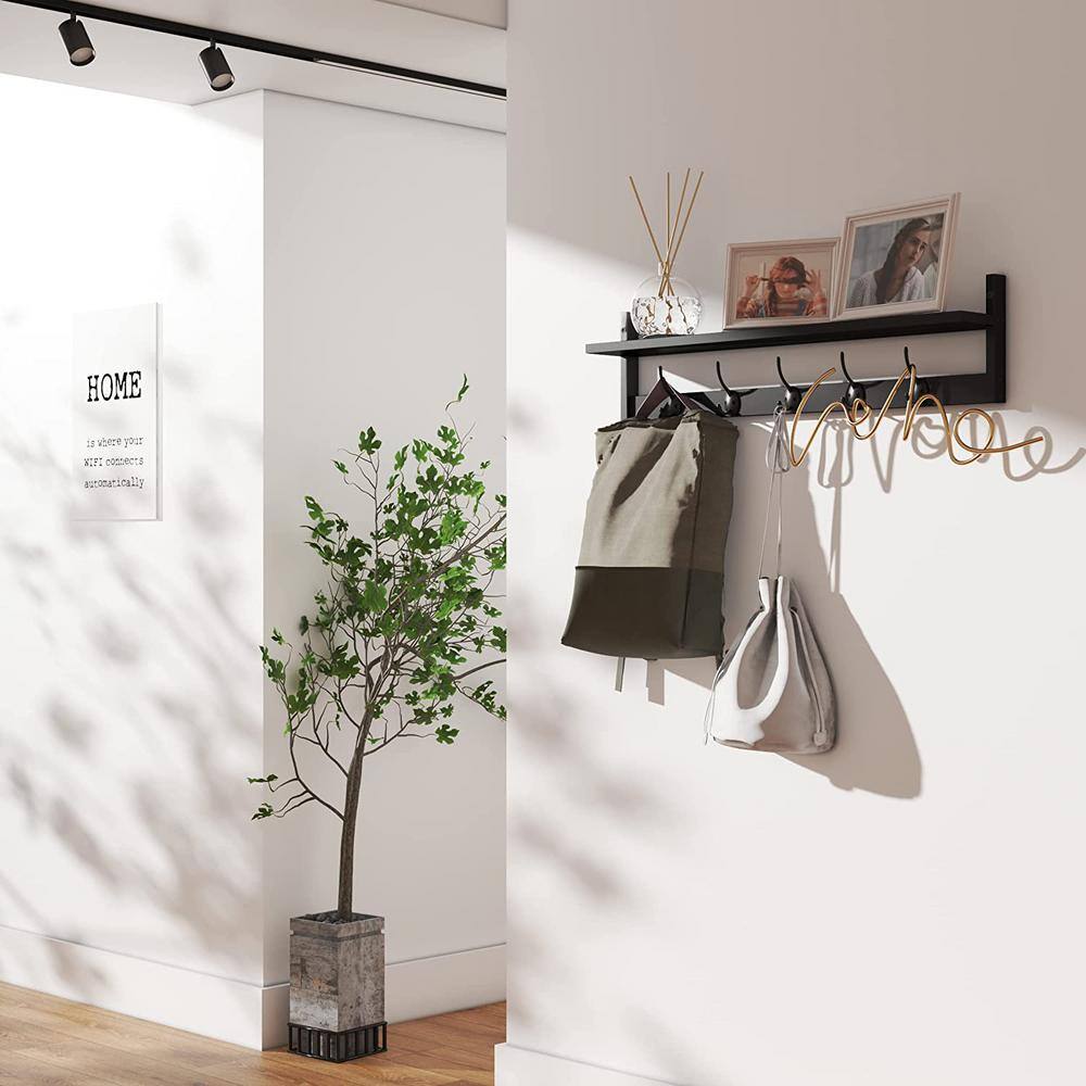 None 28.9 in. W x 4.5 in. D Black Wood Decorative Wall Shelf Coat Hooks for Wall