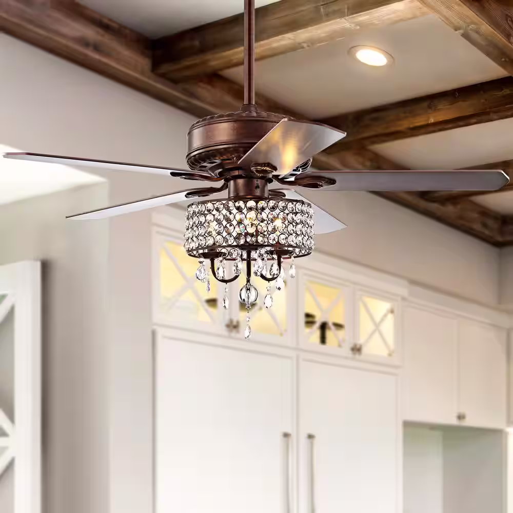 JONATHAN Y Becky 52 in. Oil Rubbed Bronze 3-Light Crystal LED Chandelier Ceiling Fan with Light and Remote