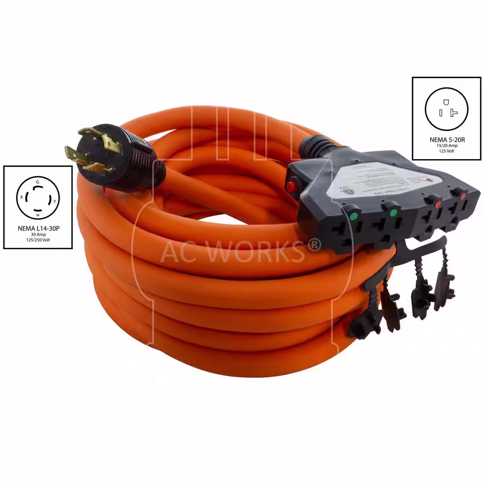 AC WORKS 25 ft. L14-30P 30 Amp 4-Prong Locking Plug to (4) Home Outlets with 24 Amp Breaker