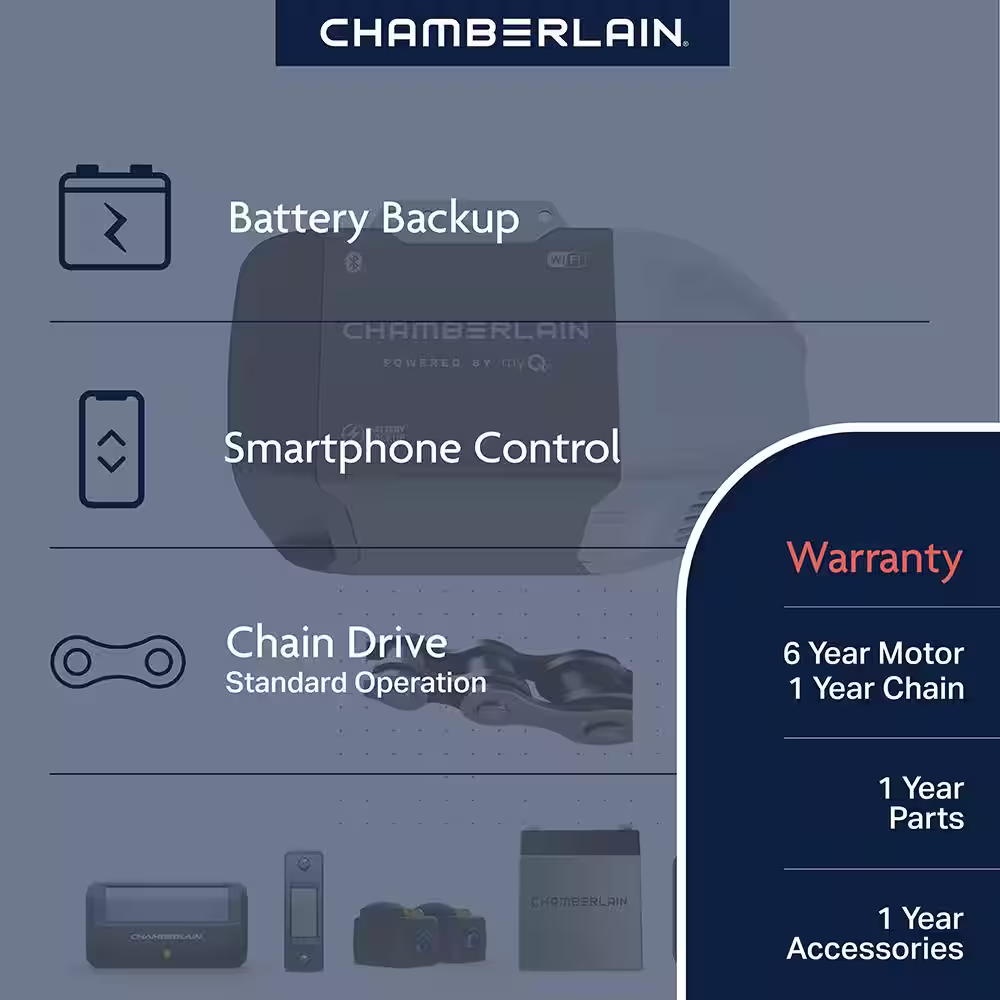 Chamberlain C2212T 1/2 HP Smart Chain Drive Garage Door Opener with Battery Backup