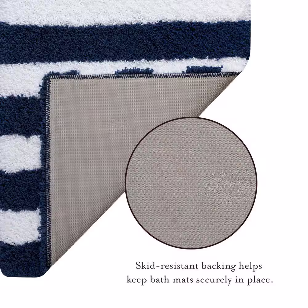 Laura Ashley Edens Stripe Multi-Colored Navy/White 20 in. x 32 in. Striped Polyester Rectangle Bath Mat