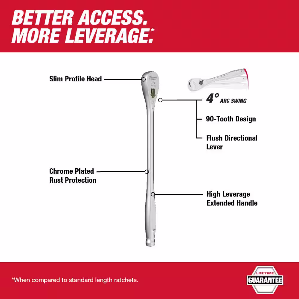 Milwaukee 1/4 in. Drive 90 Tooth 9 in. Extended Ratchet