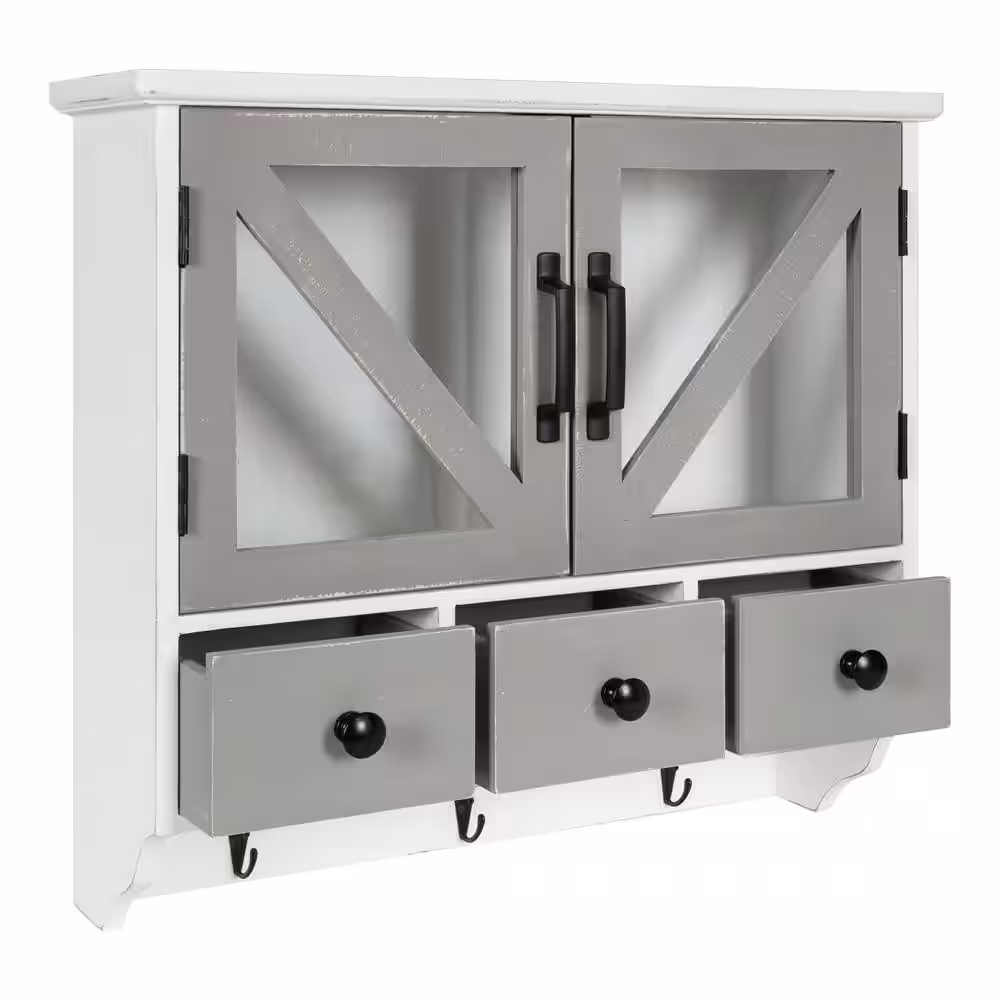 Kate and Laurel Hutchins 6 in. x 21 in. x 20 in. White/Gray Wood Floating Decorative Cubby Wall Shelf With Hooks Without Brackets