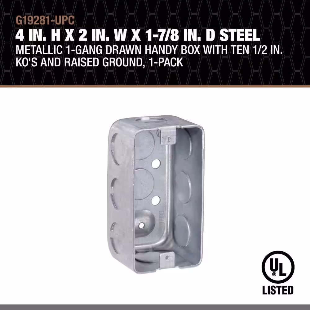 Southwire 4 in. H x 2 in. W x 1-7/8 in. D Steel Metallic 1-Gang Drawn Handy Box with Ten 1/2 in. KO's and Raised Ground, 1-Pack