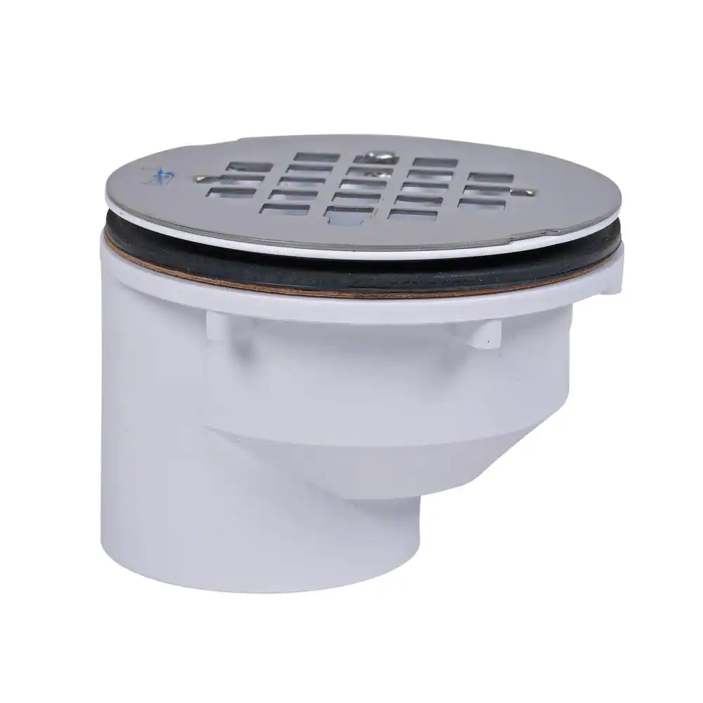 Oatey Round Offset White PVC Shower Drain with 4-1/4 in. Round Snap-In Stainless Steel Drain Cover