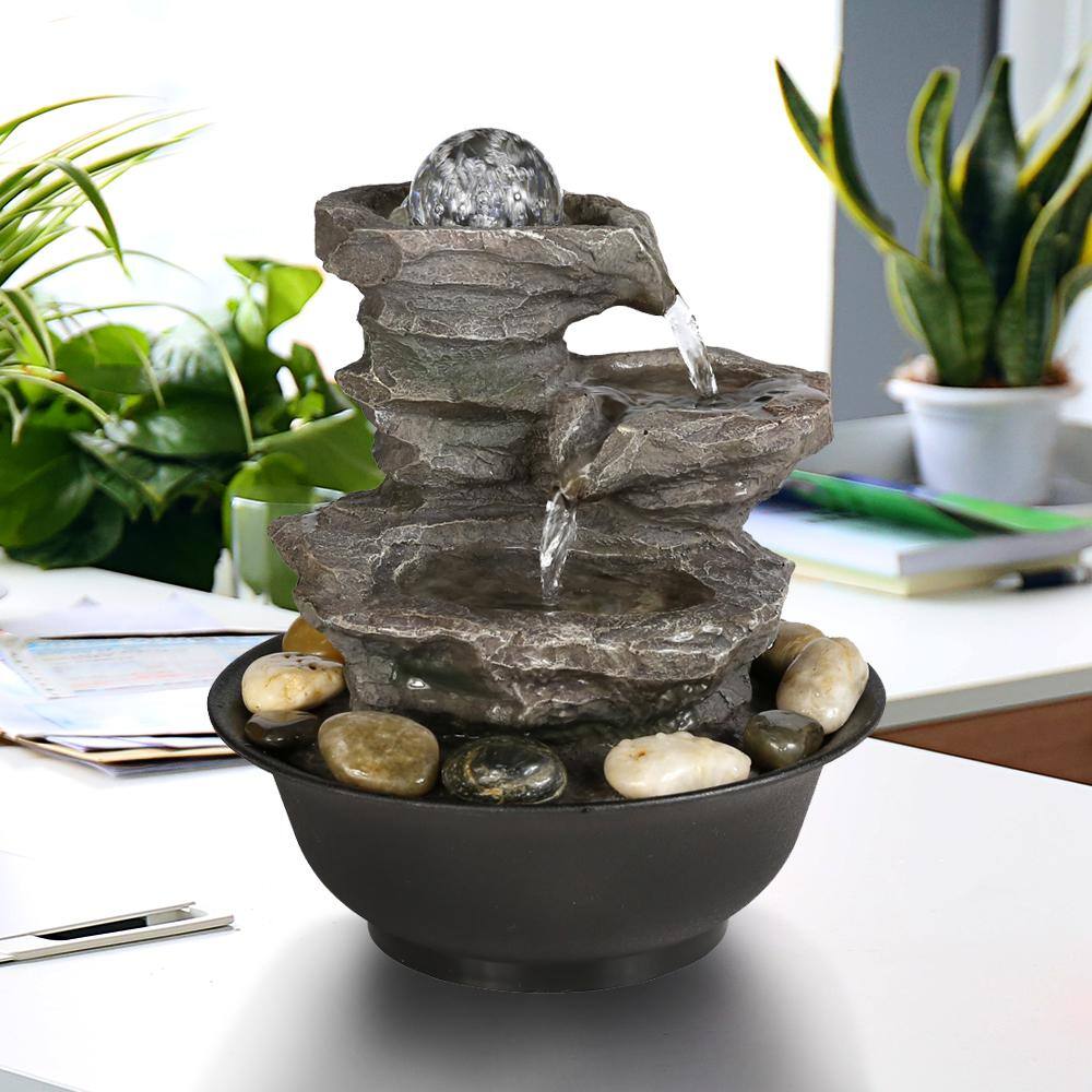 Watnature 9.8 in. Resin-Rock Cascading Tabletop Water Fountain, 4-Tier Relaxation Waterfall Feature with LED Lights and Ball