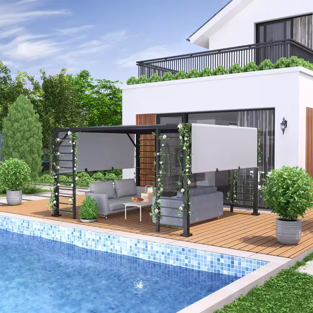 EGEIROSLIFE 10 ft. x 12 ft. Aluminum Outdoor Pergola with Gray Retractable Shade