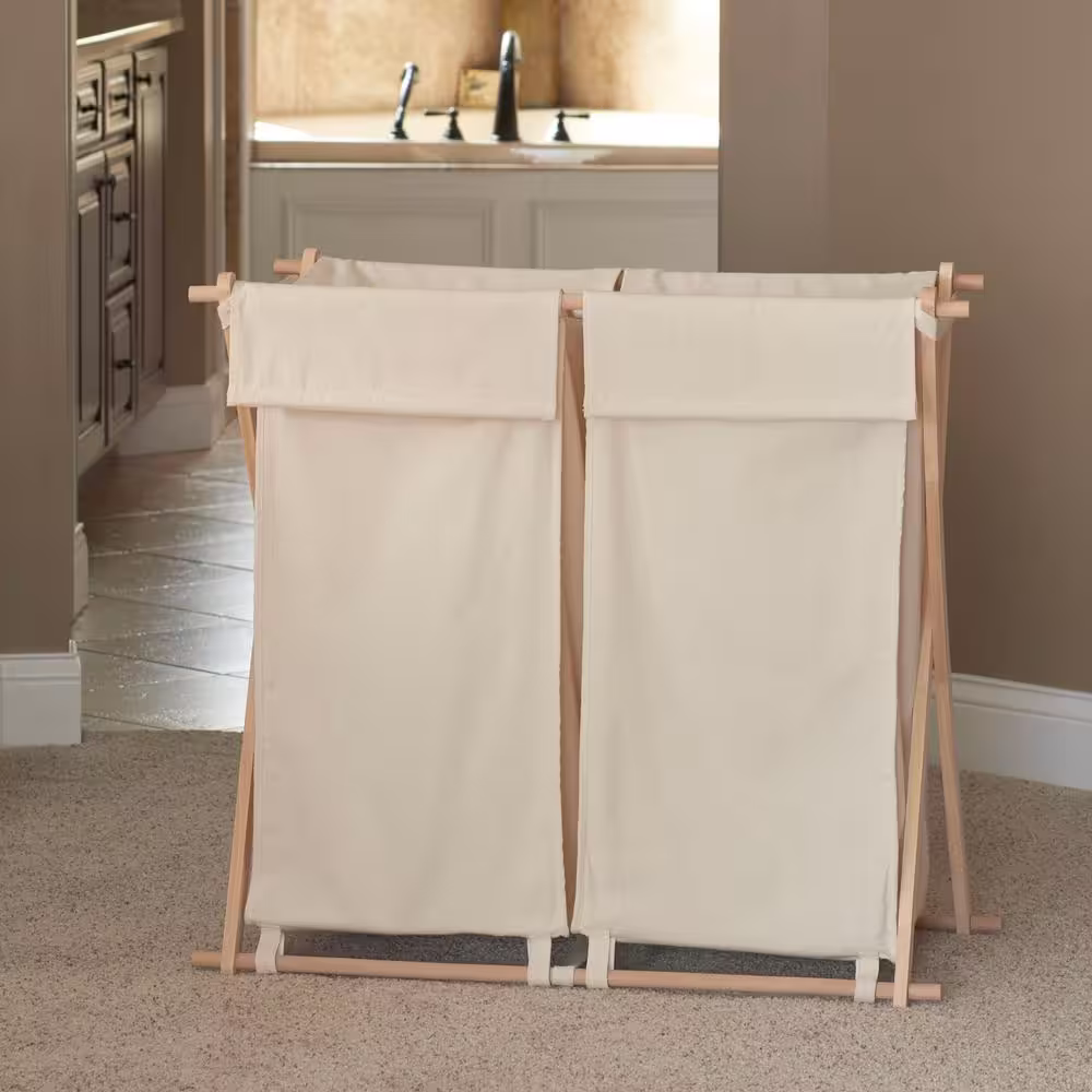 HOUSEHOLD ESSENTIALS Collapsible Wood X-Frame Double Laundry Hamper Sorter